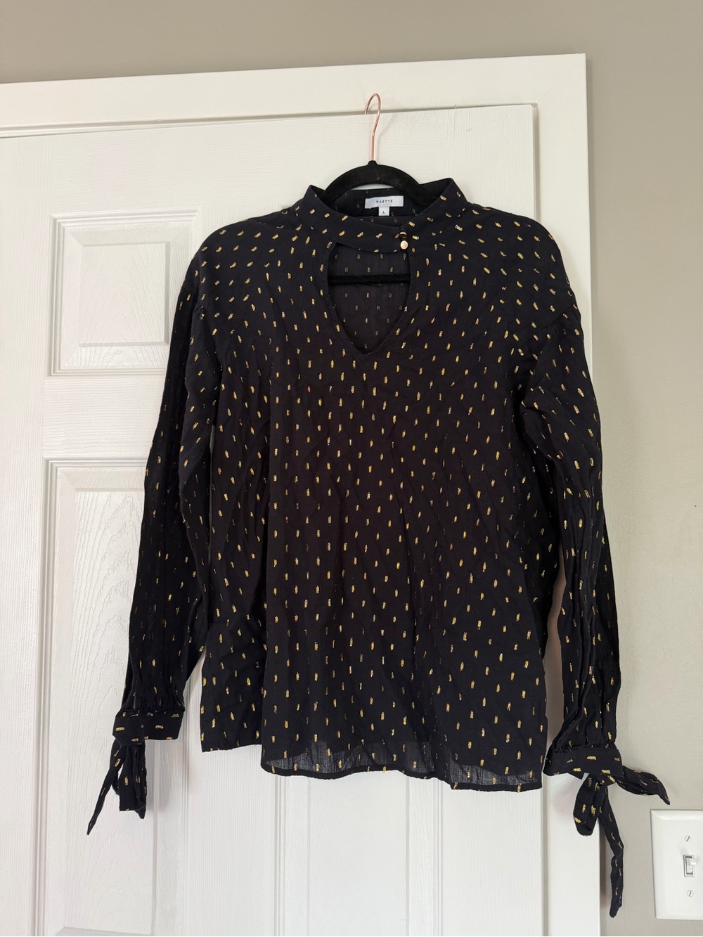 Maette Gold Speckles Black Mock Neck Cut out Blouse Top